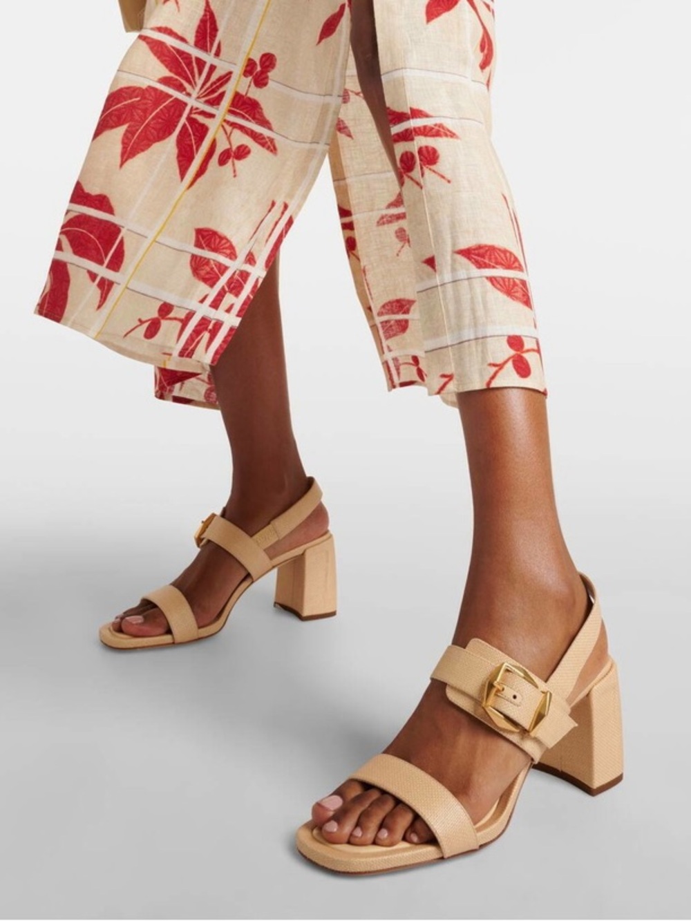 Jimmy Choo Hawke 70 Block Heel Sandals Women's 39.5/9.5US Natural Raffia/Gold